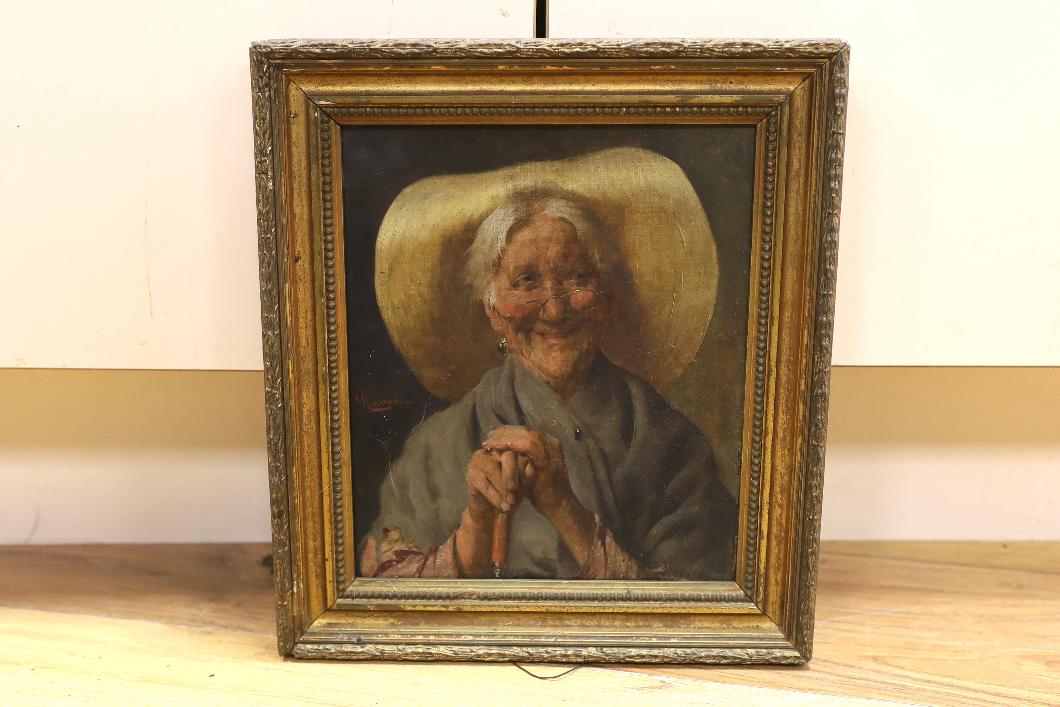 Pompeo Massani (Italian, 1850-1920), oil on canvas, Portrait of an elderly lady, signed, largest 23 x 19.5cm
